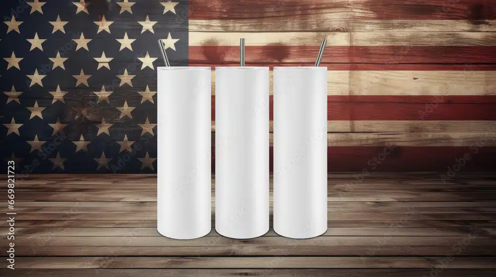 Sublimation Tumbler blanks in front of American flag